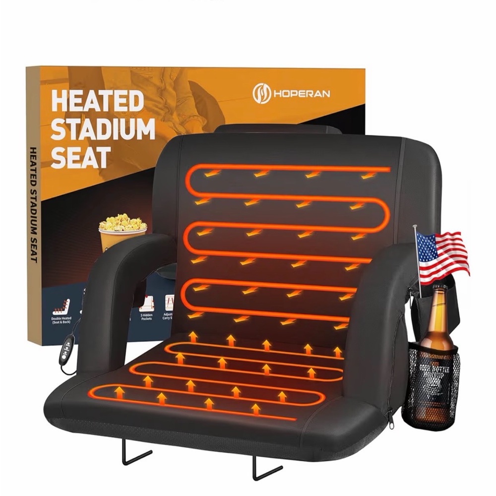Heated Foldable Stadium🏟️Seats w Back Support, Wide Cushion & Cup🥤Holder